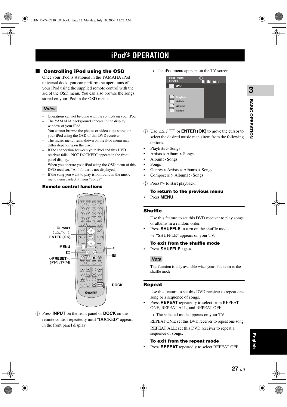 Ipod(r) operation, Controlling ipod using the osd, Shuffle | Repeat, Ipod, Operation | Yamaha DVX-C310SW User Manual | Page 31 / 60