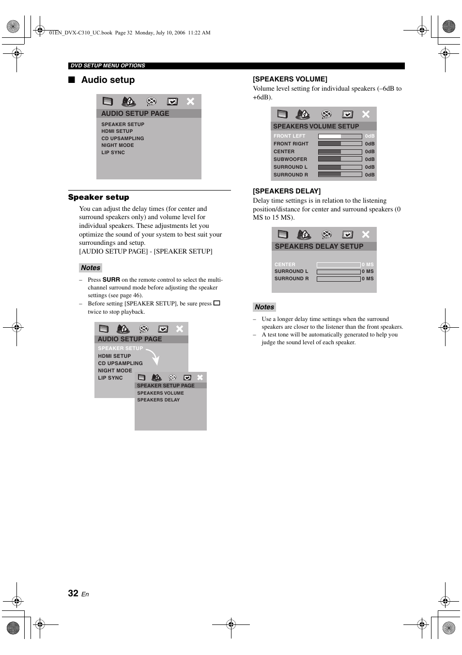 Audio setup, Speaker setup | Yamaha DVX-C310SW User Manual | Page 36 / 60