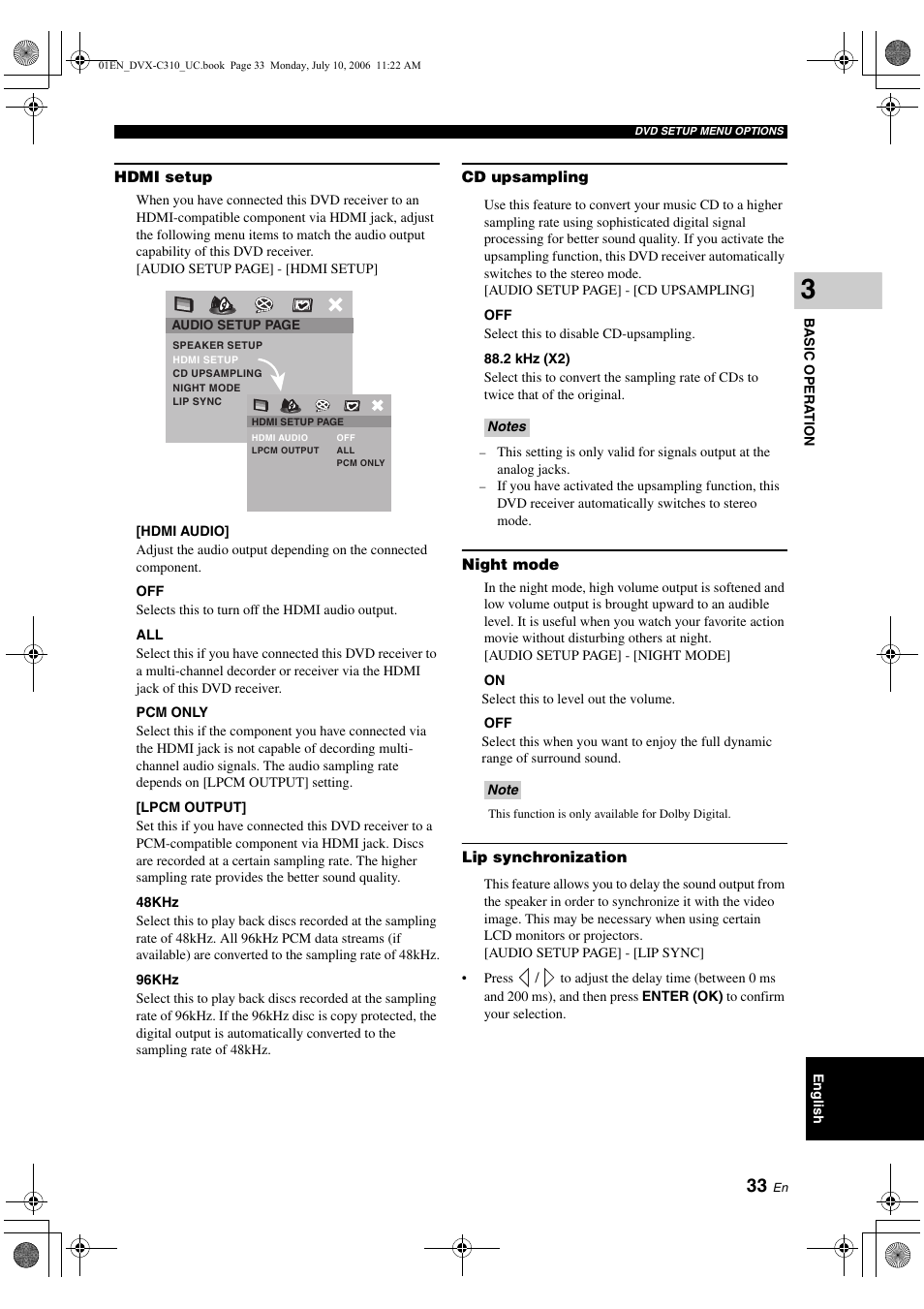 Hdmi setup, Cd upsampling, Night mode | Lip synchronization | Yamaha DVX-C310SW User Manual | Page 37 / 60