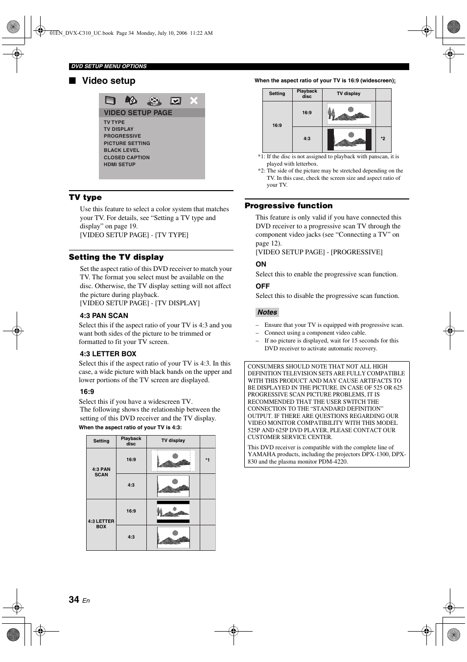 Video setup, Tv type, Setting the tv display | Progressive function | Yamaha DVX-C310SW User Manual | Page 38 / 60