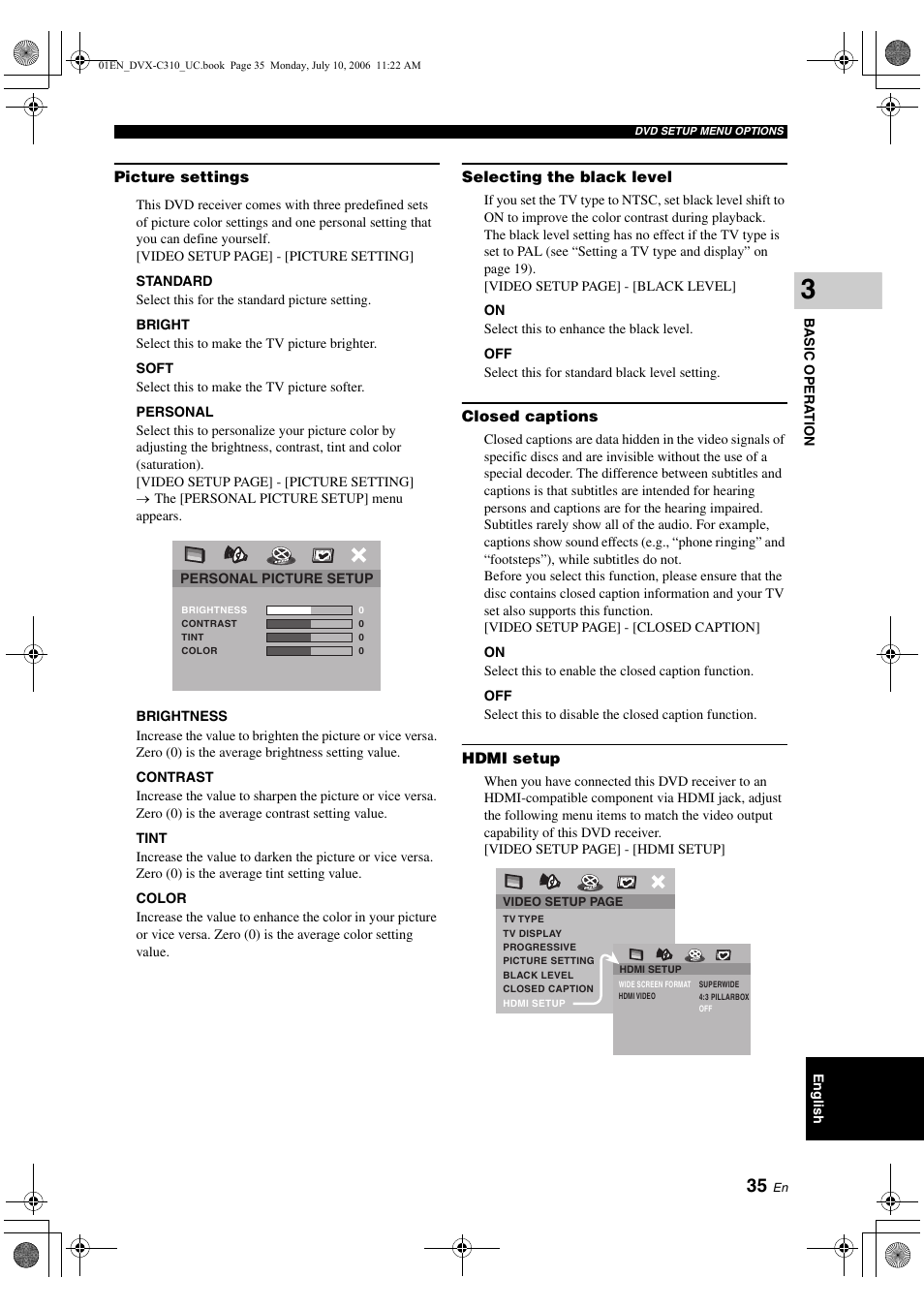 Picture settings, Selecting the black level, Closed captions | Hdmi setup | Yamaha DVX-C310SW User Manual | Page 39 / 60