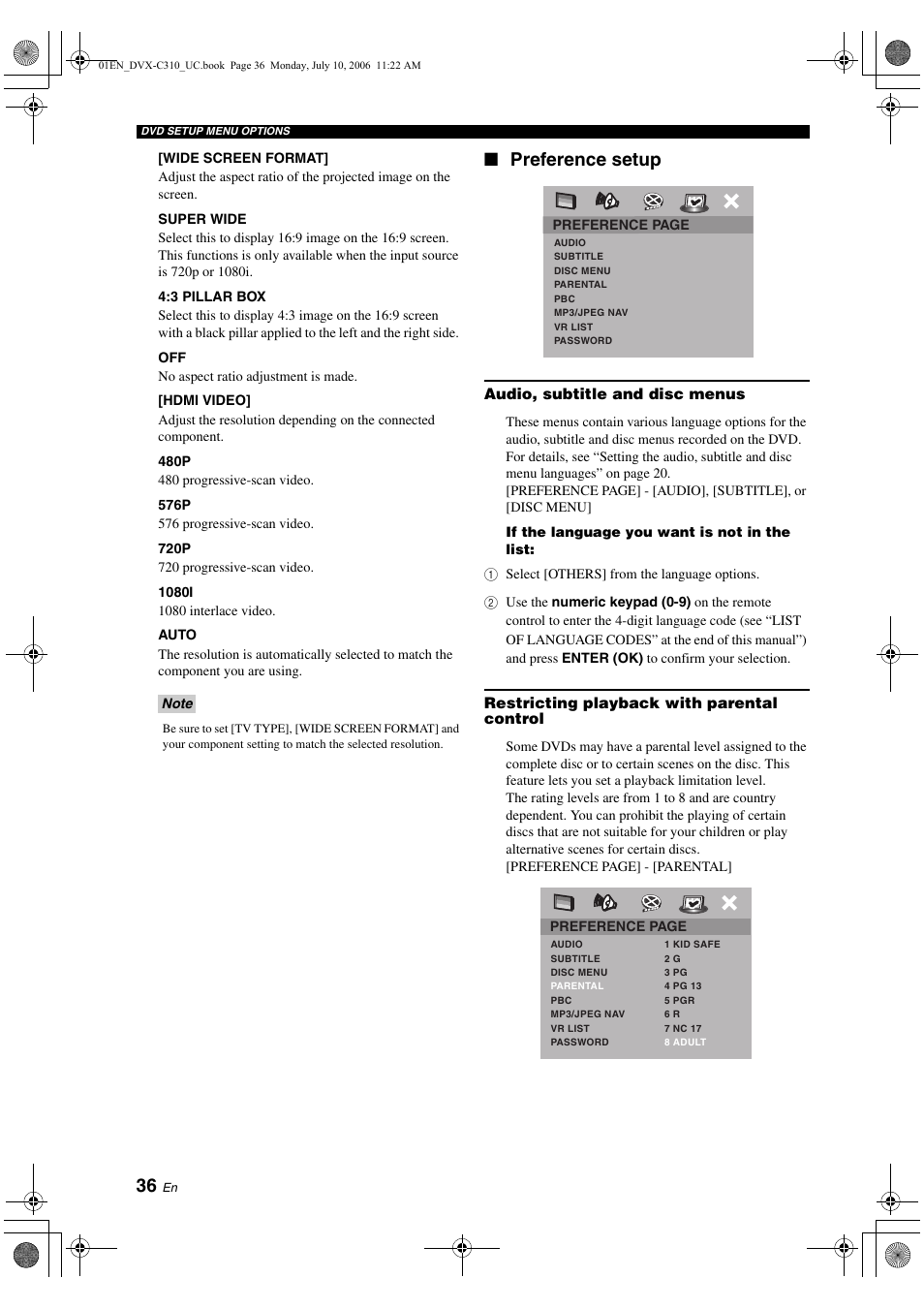 Preference setup, Audio, subtitle and disc menus, Restricting playback with parental control | Yamaha DVX-C310SW User Manual | Page 40 / 60