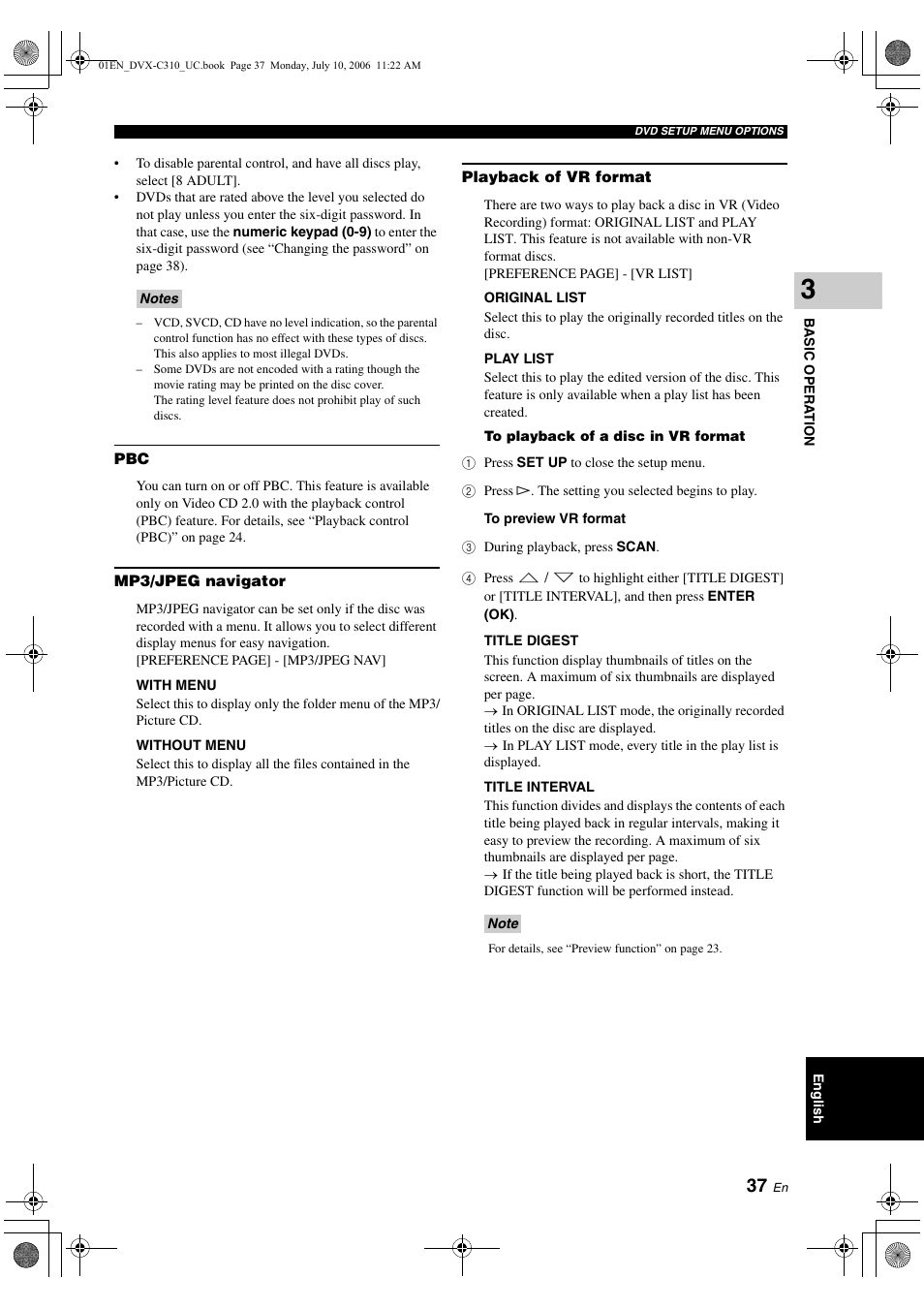 Mp3/jpeg navigator, Playback of vr format | Yamaha DVX-C310SW User Manual | Page 41 / 60