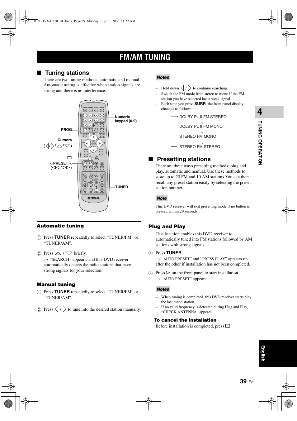 Fm/am tuning, Tuning stations, Automatic tuning | Manual tuning, Presetting stations, Plug and play, Tuning stations presetting stations, English tu ning opera t ion, Appears | Yamaha DVX-C310SW User Manual | Page 43 / 60