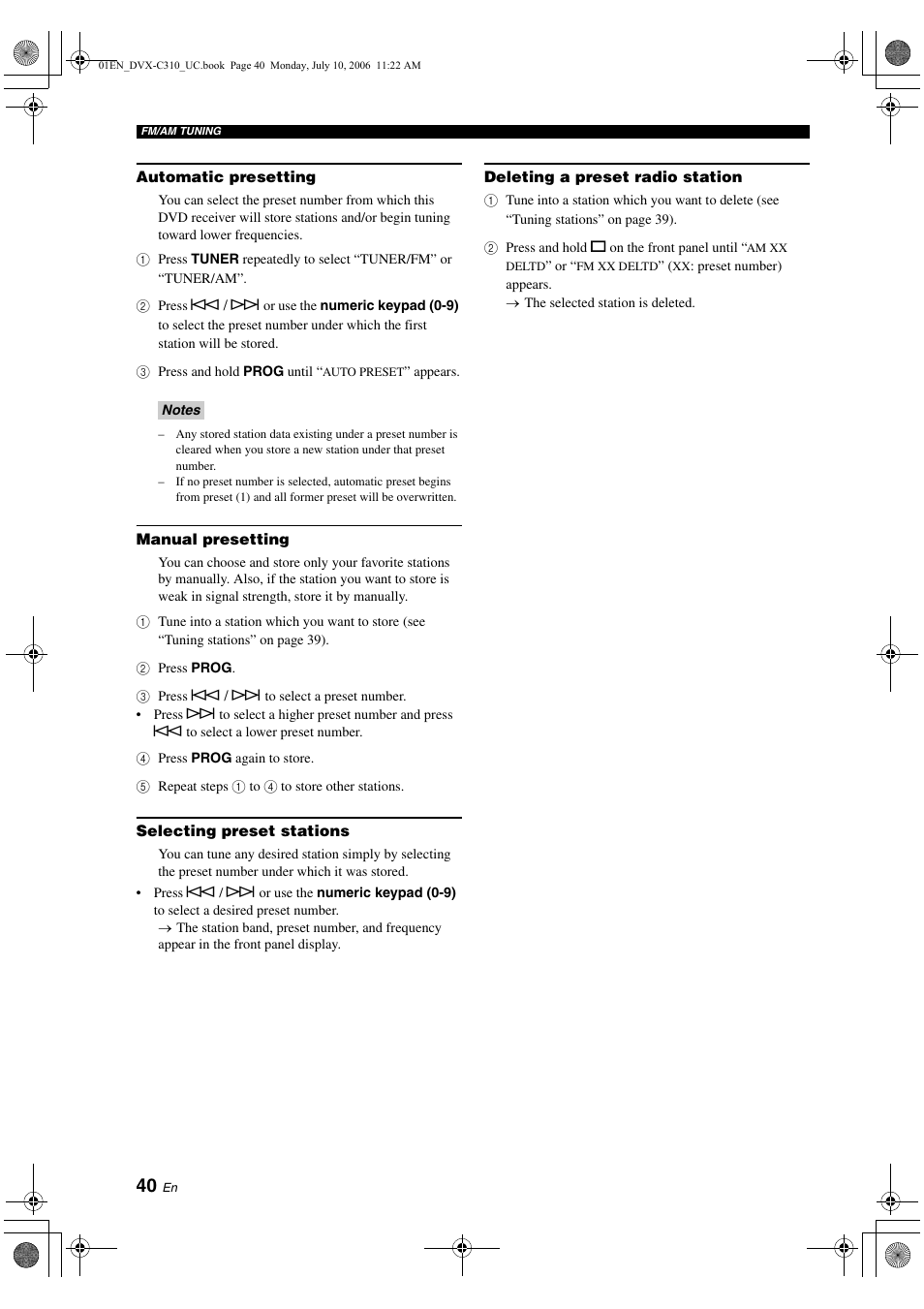 Automatic presetting, Manual presetting, Selecting preset stations | Deleting a preset radio station | Yamaha DVX-C310SW User Manual | Page 44 / 60