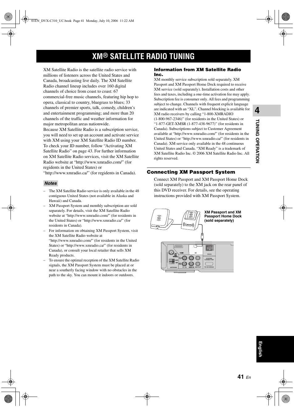 Xm(r) satellite radio tuning, Connecting xm passport system, Xm® satellite radio tuning | Satellite radio tuning | Yamaha DVX-C310SW User Manual | Page 45 / 60