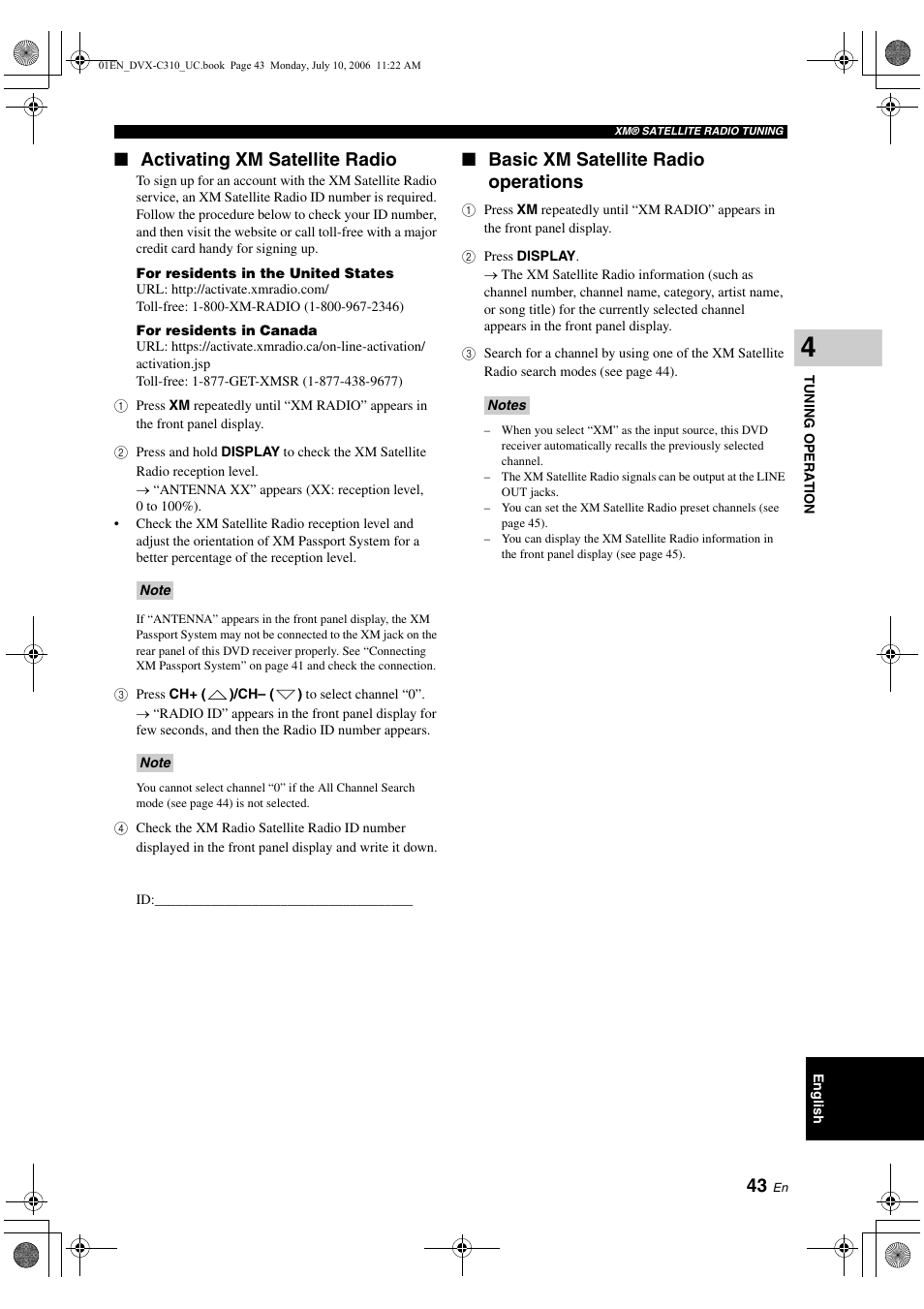 Activating xm satellite radio, Basic xm satellite radio operations | Yamaha DVX-C310SW User Manual | Page 47 / 60