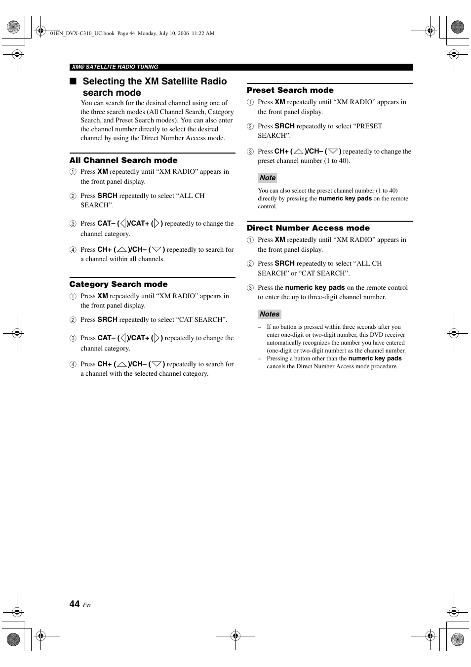 Selecting the xm satellite radio search mode, All channel search mode, Category search mode | Preset search mode, Direct number access mode, Selecting the xm satellite radio, Search mode | Yamaha DVX-C310SW User Manual | Page 48 / 60