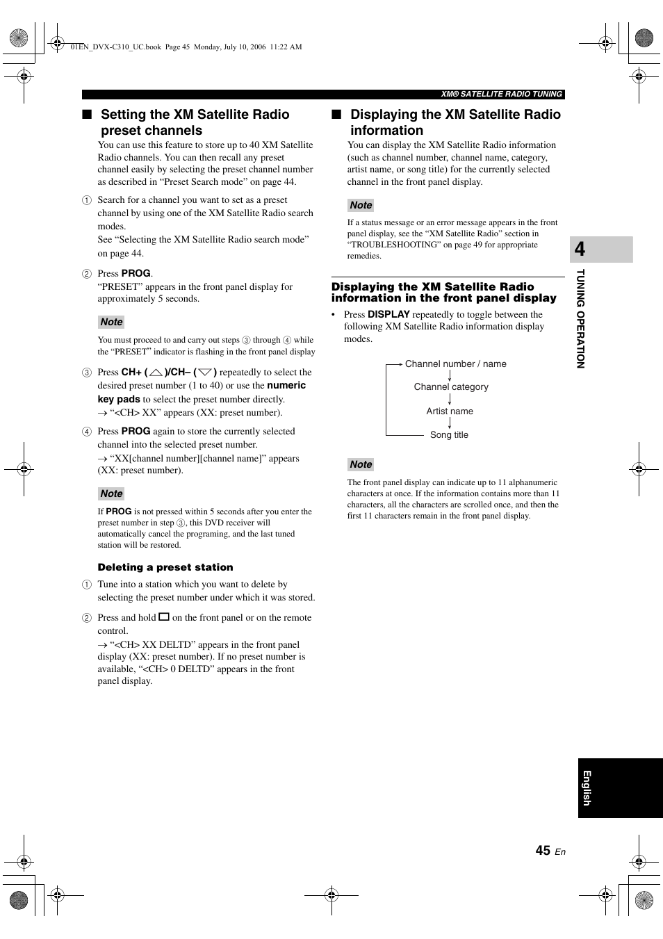 Setting the xm satellite radio preset channels, Displaying the xm satellite radio information, Setting the xm satellite radio | Preset channels, Displaying the xm satellite radio, Information | Yamaha DVX-C310SW User Manual | Page 49 / 60