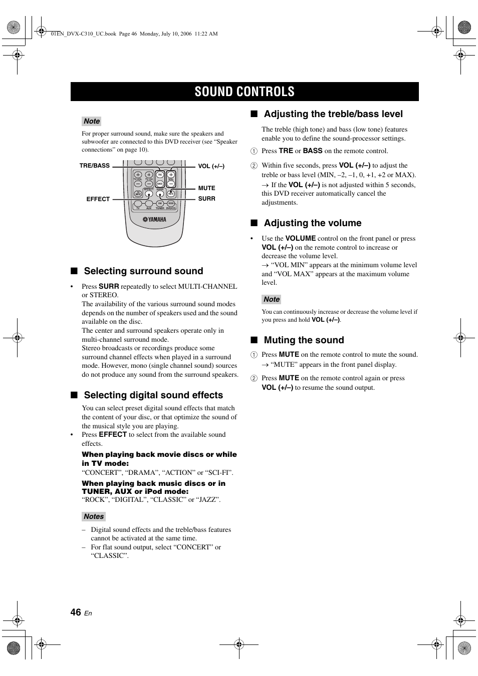 Sound controls, Selecting surround sound, Selecting digital sound effects | Adjusting the treble/bass level, Adjusting the volume, Muting the sound | Yamaha DVX-C310SW User Manual | Page 50 / 60