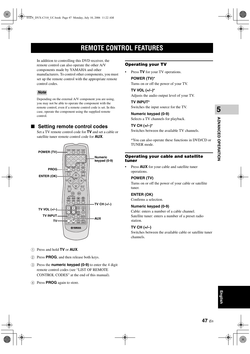 Remote control features, Setting remote control codes, Operating your tv | Operating your cable and satellite tuner, English ad v a nced opera t ion | Yamaha DVX-C310SW User Manual | Page 51 / 60