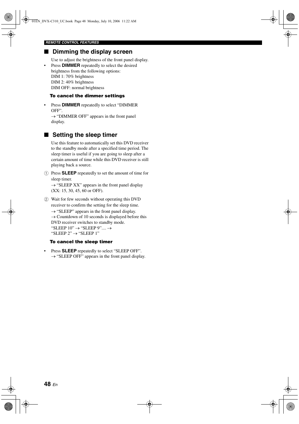 Dimming the display screen, Setting the sleep timer | Yamaha DVX-C310SW User Manual | Page 52 / 60