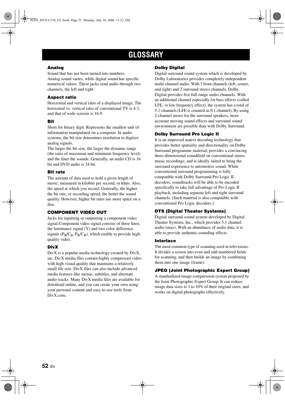 Glossary | Yamaha DVX-C310SW User Manual | Page 56 / 60