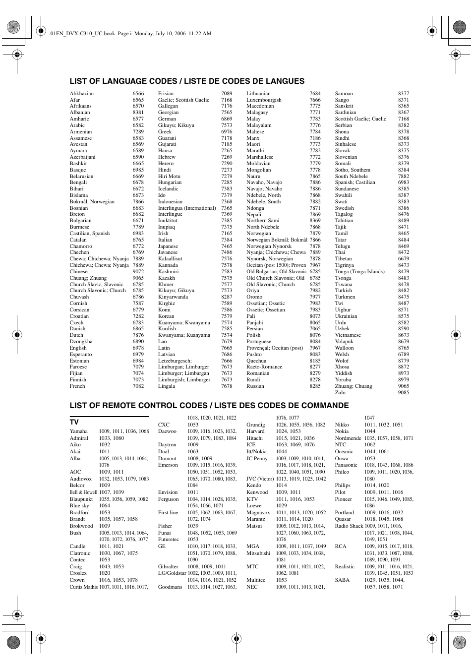 List of language codes, List of remote control codes, List of language codes / liste de codes de langues | Yamaha DVX-C310SW User Manual | Page 59 / 60