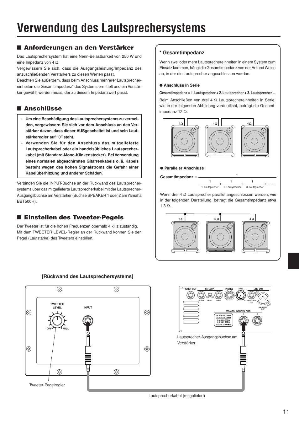 Verwendung des lautsprechersystems, Anforderungen an den verstärker, Anschlüsse | Einstellen des tweeter-pegels | Yamaha BBT110S User Manual | Page 11 / 18