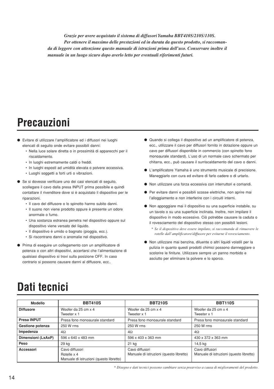 Manuale di istruzioni, Precauzioni, Dati tecnici | Yamaha BBT110S User Manual | Page 14 / 18