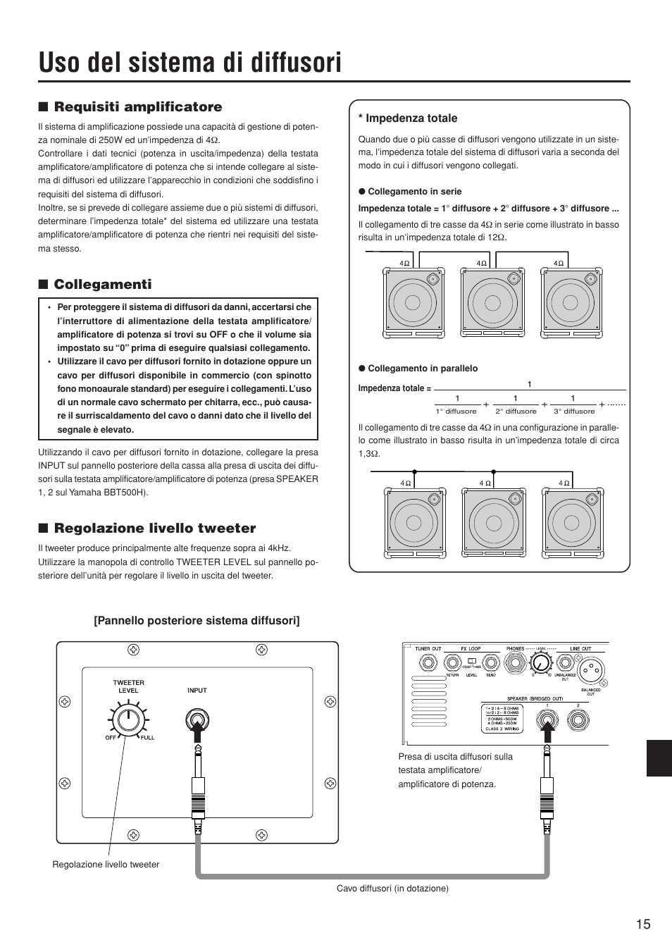 Uso del sistema di diffusori, Requisiti amplificatore, Collegamenti | Regolazione livello tweeter | Yamaha BBT110S User Manual | Page 15 / 18
