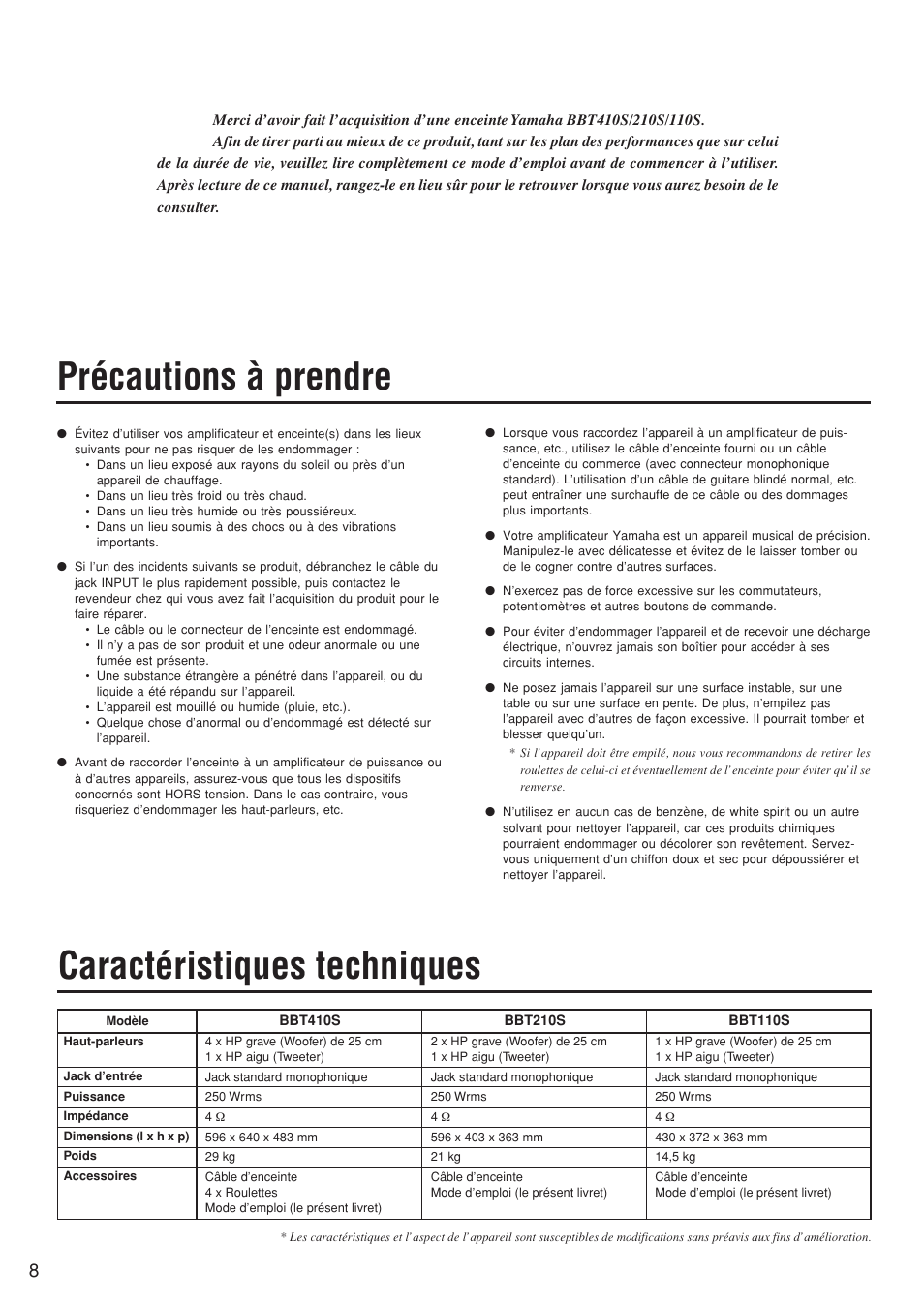 Mode d'emploi, Précautions à prendre, Caractéristiques techniques | Mode d’emploi | Yamaha BBT110S User Manual | Page 8 / 18