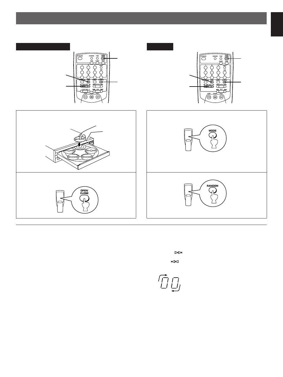 Random-sequence play, English, Disc skip | Load one or more discs, Close the disc tray, Rndm” lights up on the display | Yamaha CDC-665 User Manual | Page 13 / 26