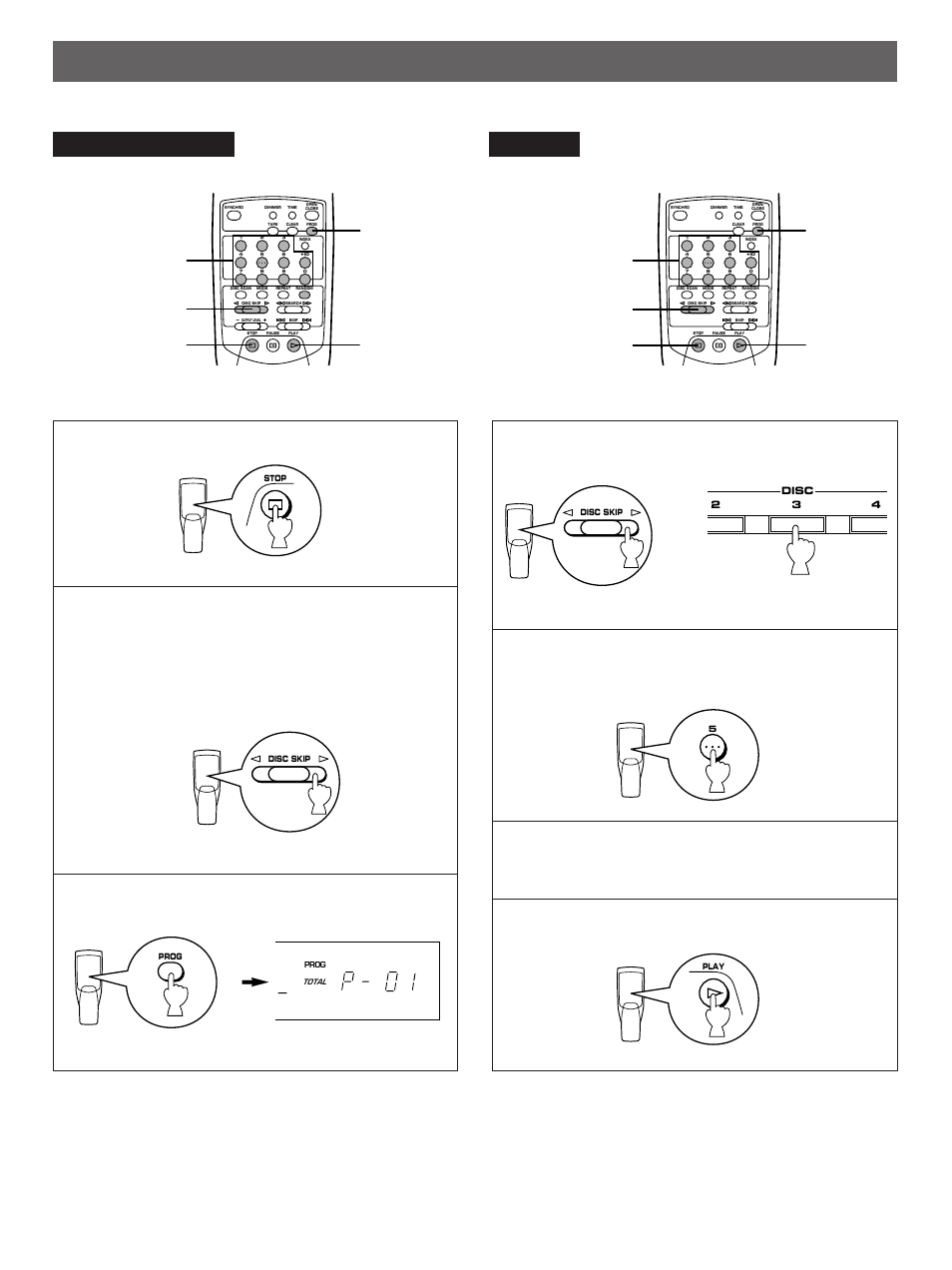 Program play, Stop the unit, Press the prog button to begin programming | If necessary, select a desired disc, When the programming is completed, On the front panel) | Yamaha CDC-665 User Manual | Page 14 / 26