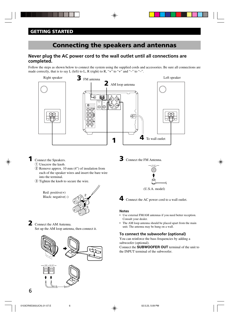 Connecting the speakers and antennas, Getting started, Connect the fm antenna | Fm antenna, Am loop antenna right speaker left speaker, Red: positive(+) black: negative(–), U.s.a. model) | Yamaha CRX-E300 User Manual | Page 10 / 28