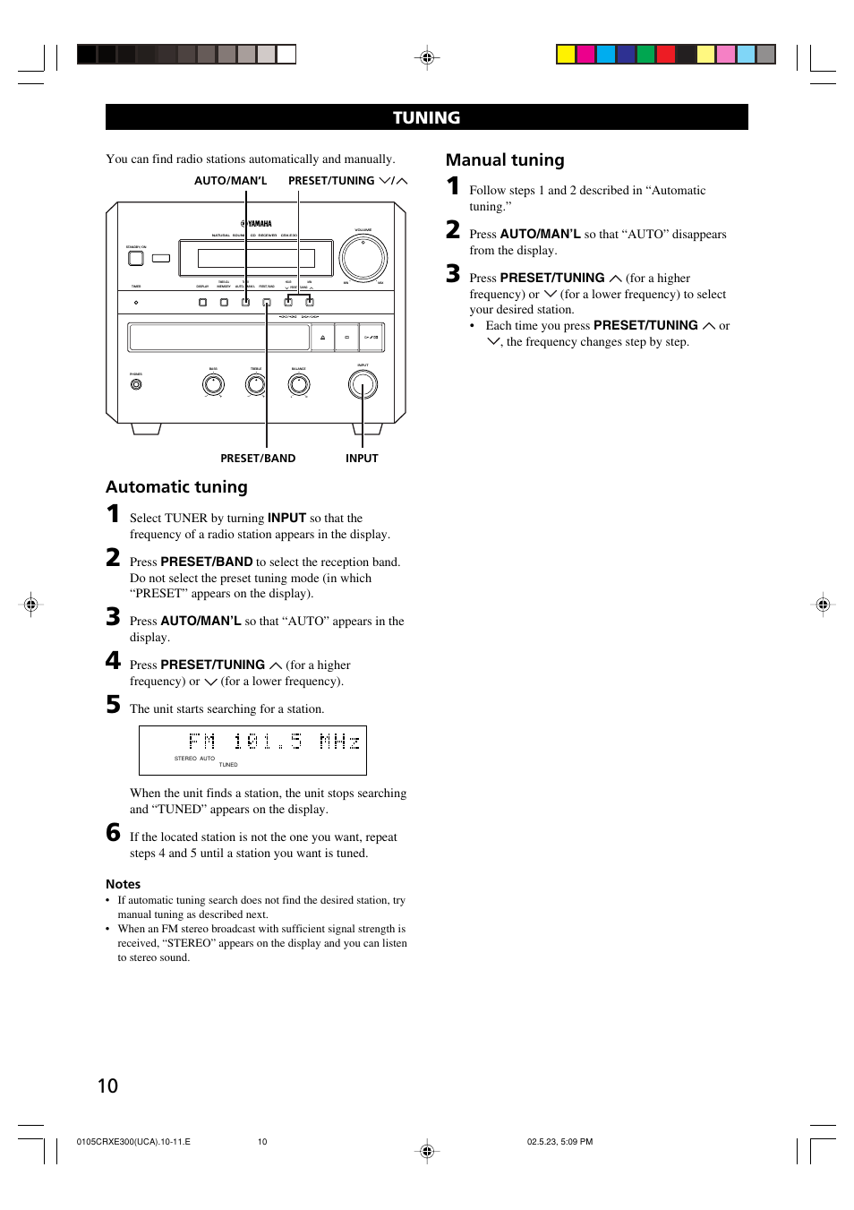 Tuning, Tuning automatic tuning, Manual tuning | Yamaha CRX-E300 User Manual | Page 14 / 28