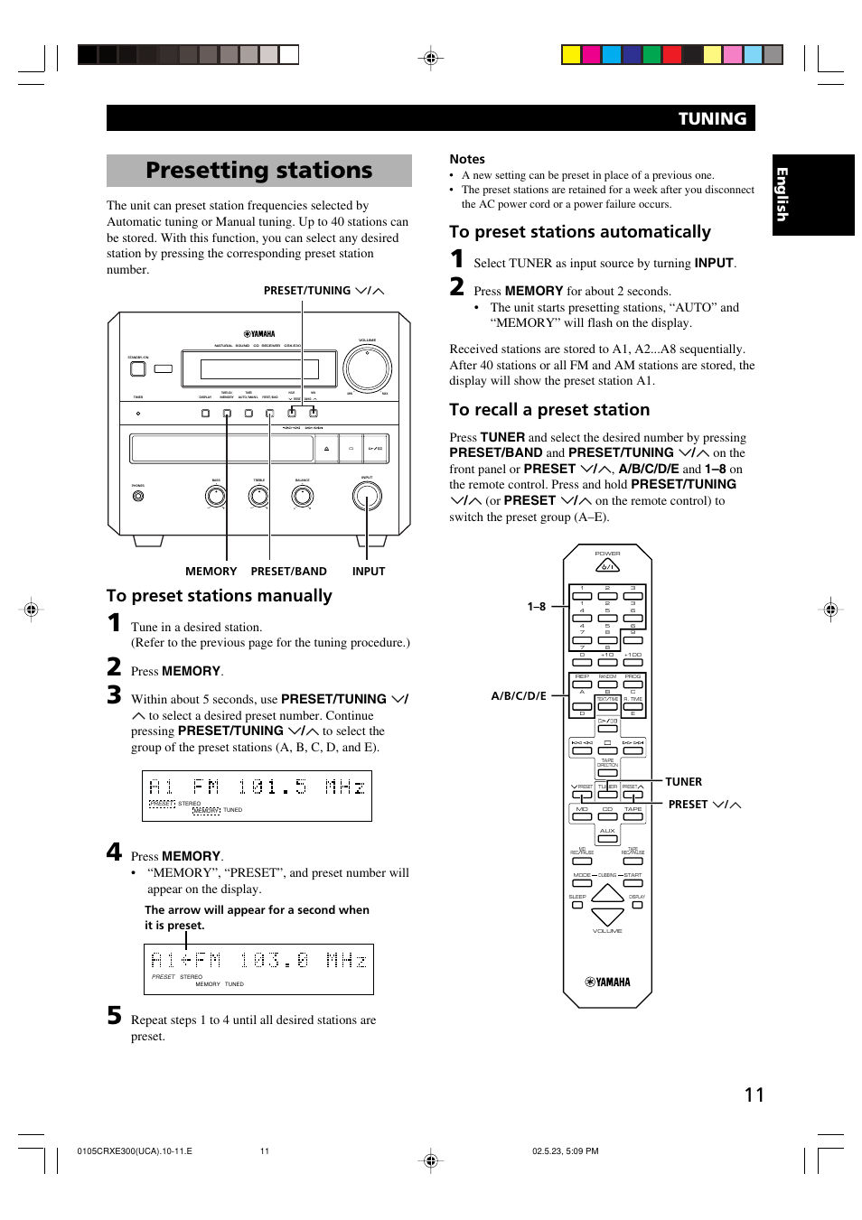 Presetting stations, Tuning, English | Select tuner as input source by turning input | Yamaha CRX-E300 User Manual | Page 15 / 28