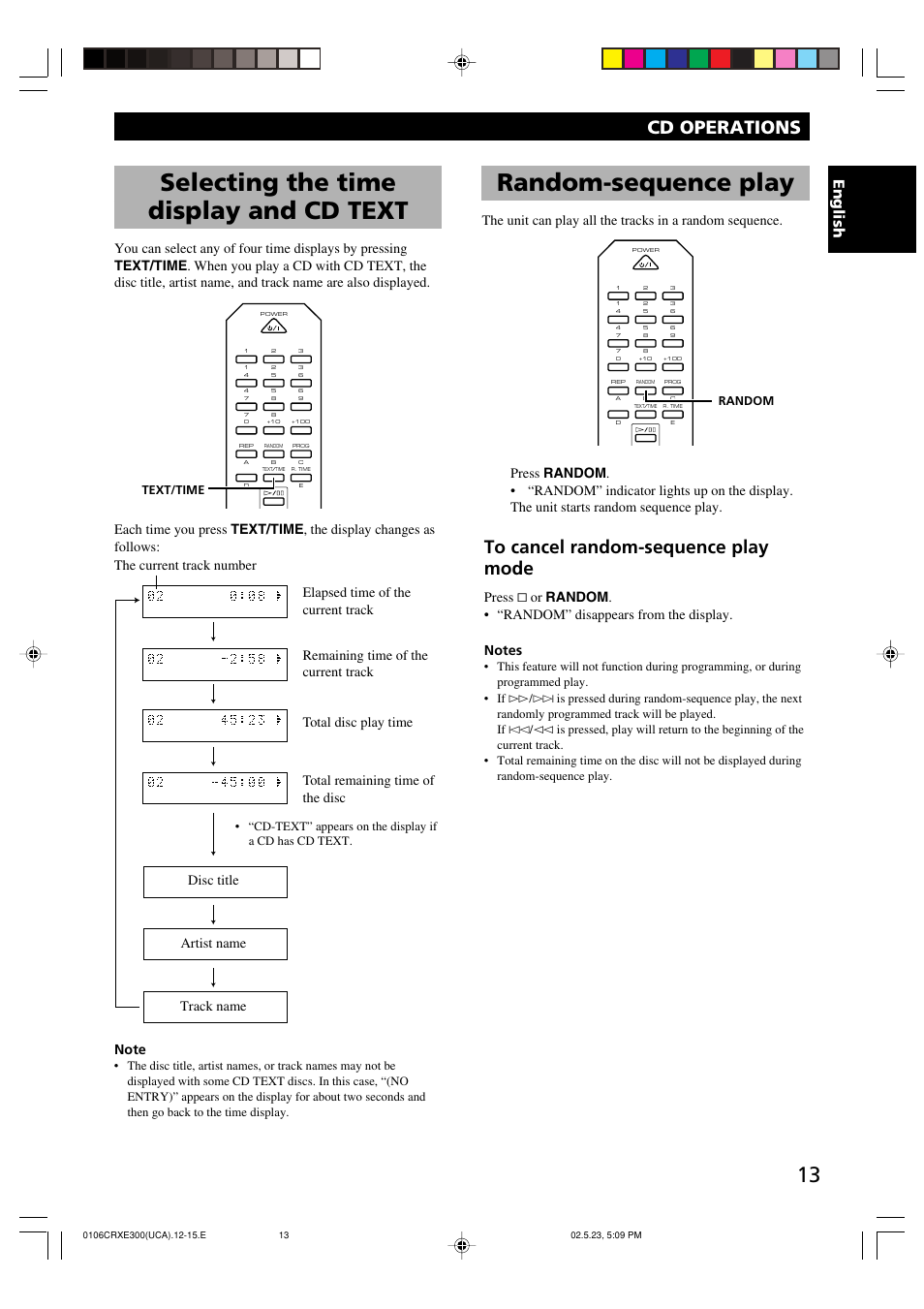 Selecting the time display and cd text, Random-sequence play, Cd operations | English, Elapsed time of the current track | Yamaha CRX-E300 User Manual | Page 17 / 28