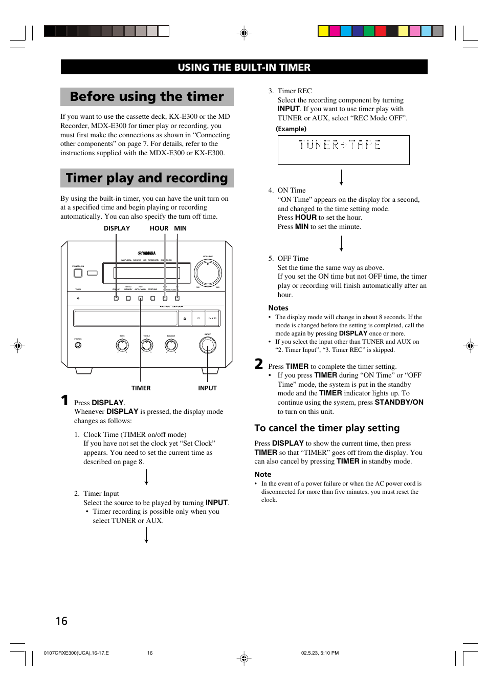 Using the built-in timer, Before using the timer, Timer play and recording | Yamaha CRX-E300 User Manual | Page 20 / 28