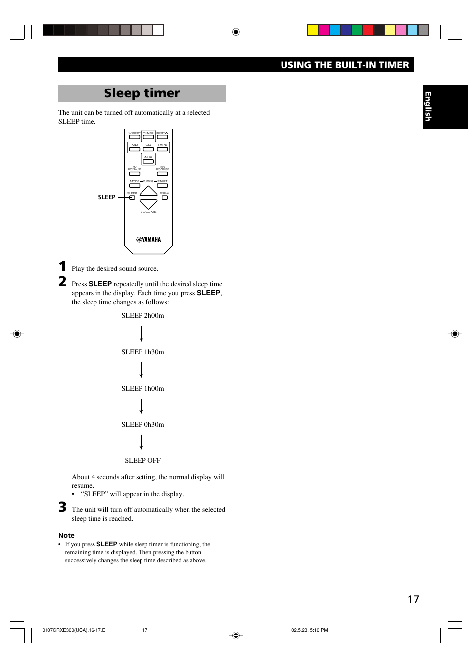 Sleep timer, Using the built-in timer, English | Yamaha CRX-E300 User Manual | Page 21 / 28