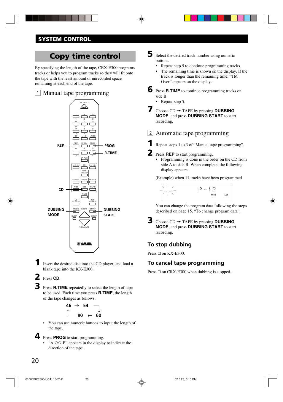 Copy time control, 1 manual tape programming, 2 automatic tape programming | System control | Yamaha CRX-E300 User Manual | Page 24 / 28