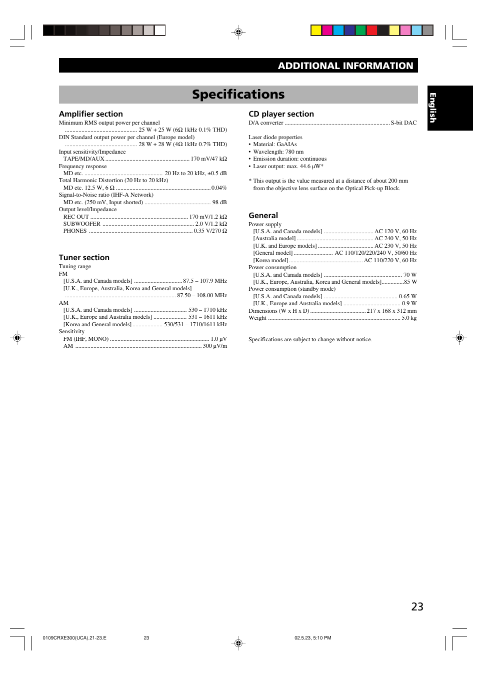 Specifications, Additional information | Yamaha CRX-E300 User Manual | Page 27 / 28