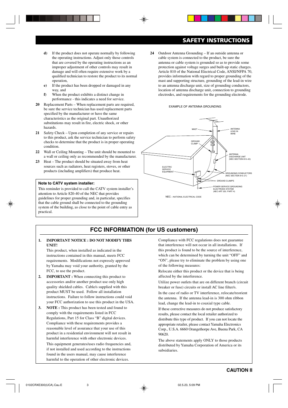 Fcc information (for us customers), Safety instructions, Caution ii | Yamaha CRX-E300 User Manual | Page 3 / 28