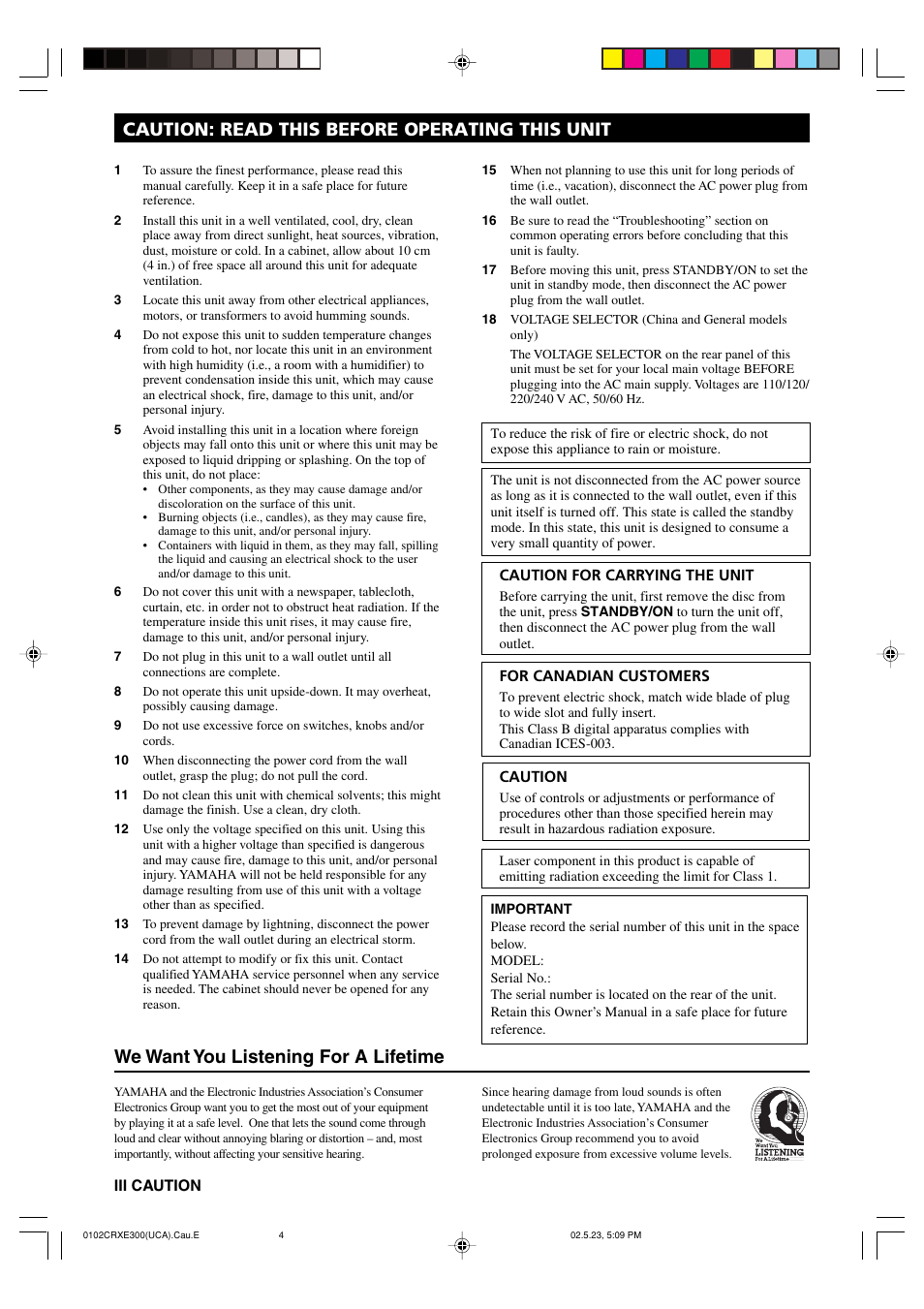 Caution: read this before operating this unit, We want you listening for a lifetime | Yamaha CRX-E300 User Manual | Page 4 / 28