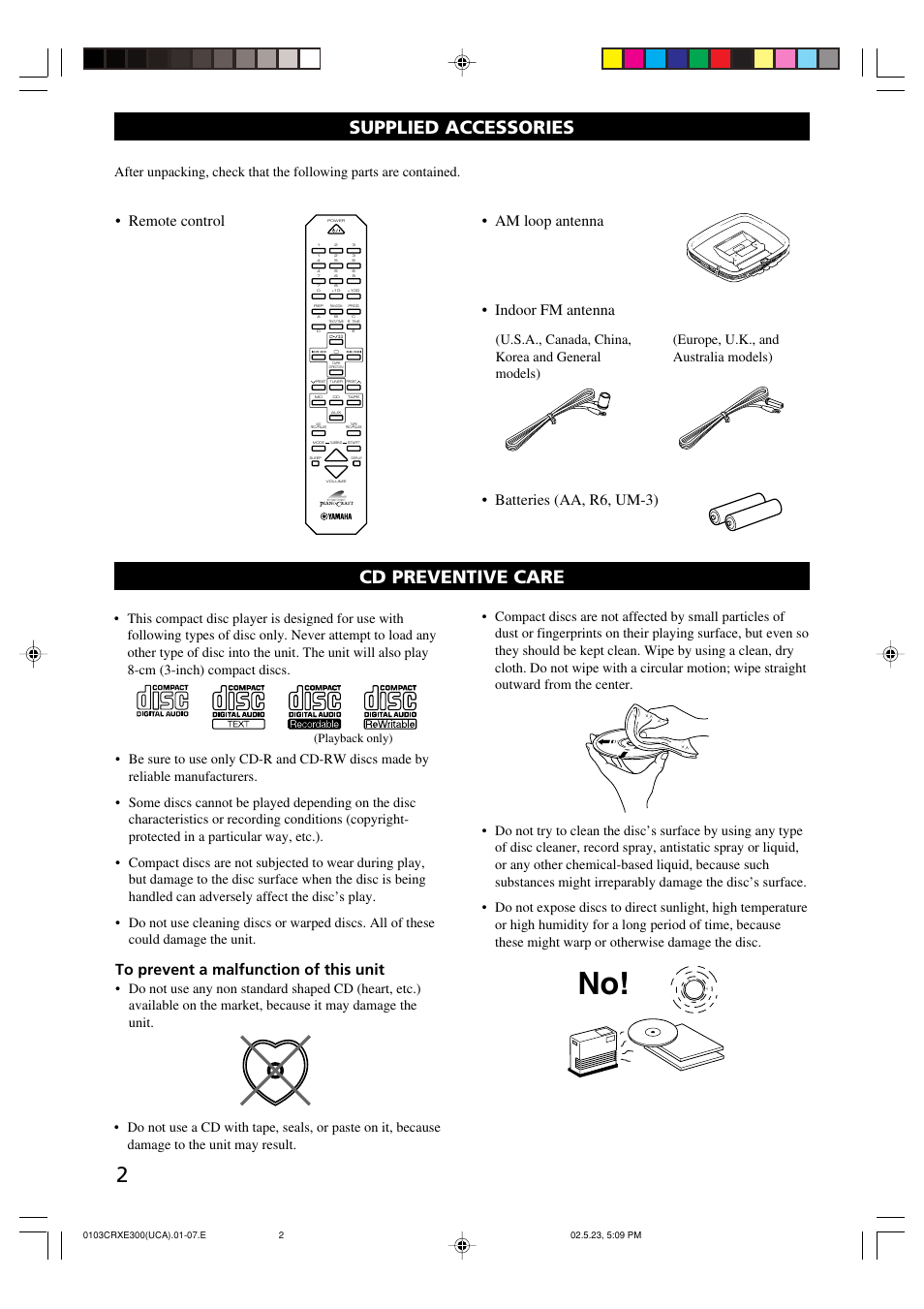 Supplied accessories, Cd preventive care, Playback only) | Yamaha CRX-E300 User Manual | Page 6 / 28