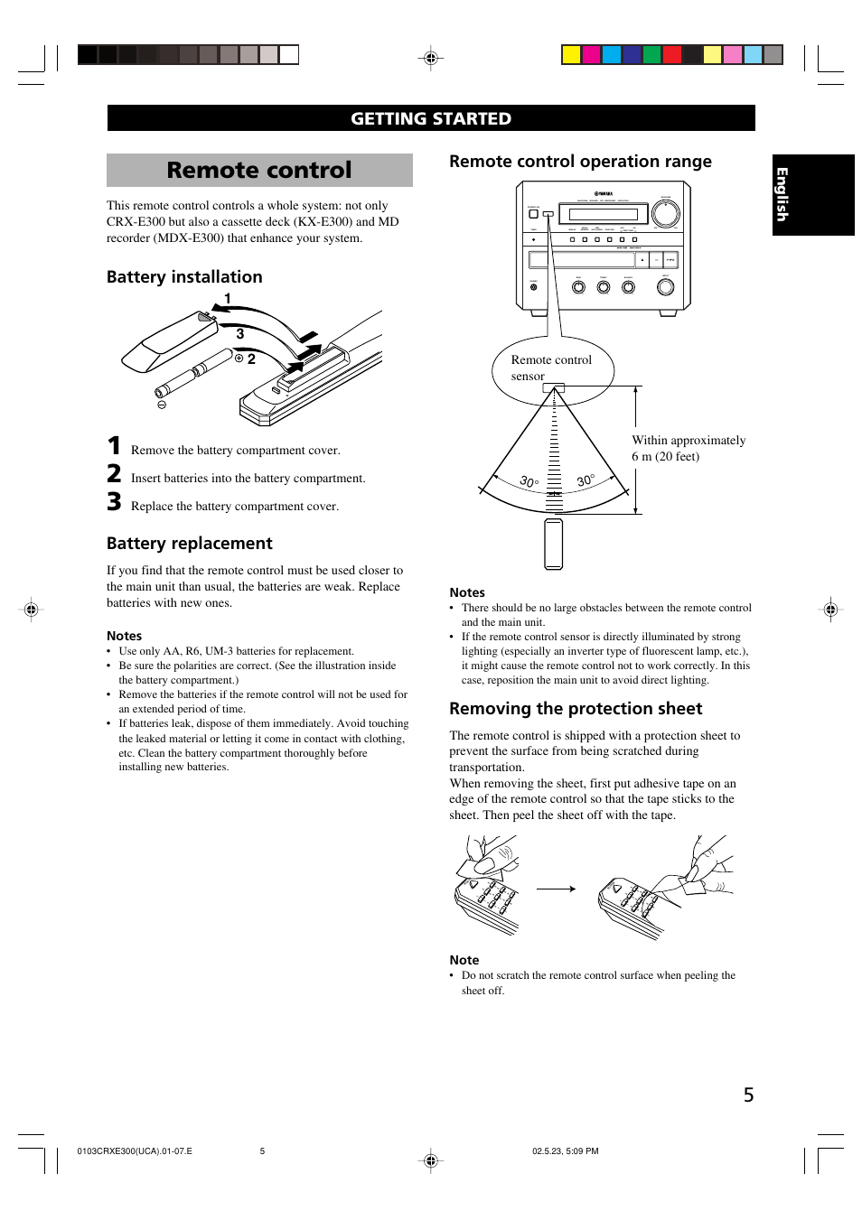 Getting started, Remote control, Battery installation | Battery replacement, Remote control operation range, Removing the protection sheet, English, Remove the battery compartment cover, Insert batteries into the battery compartment, Replace the battery compartment cover | Yamaha CRX-E300 User Manual | Page 9 / 28