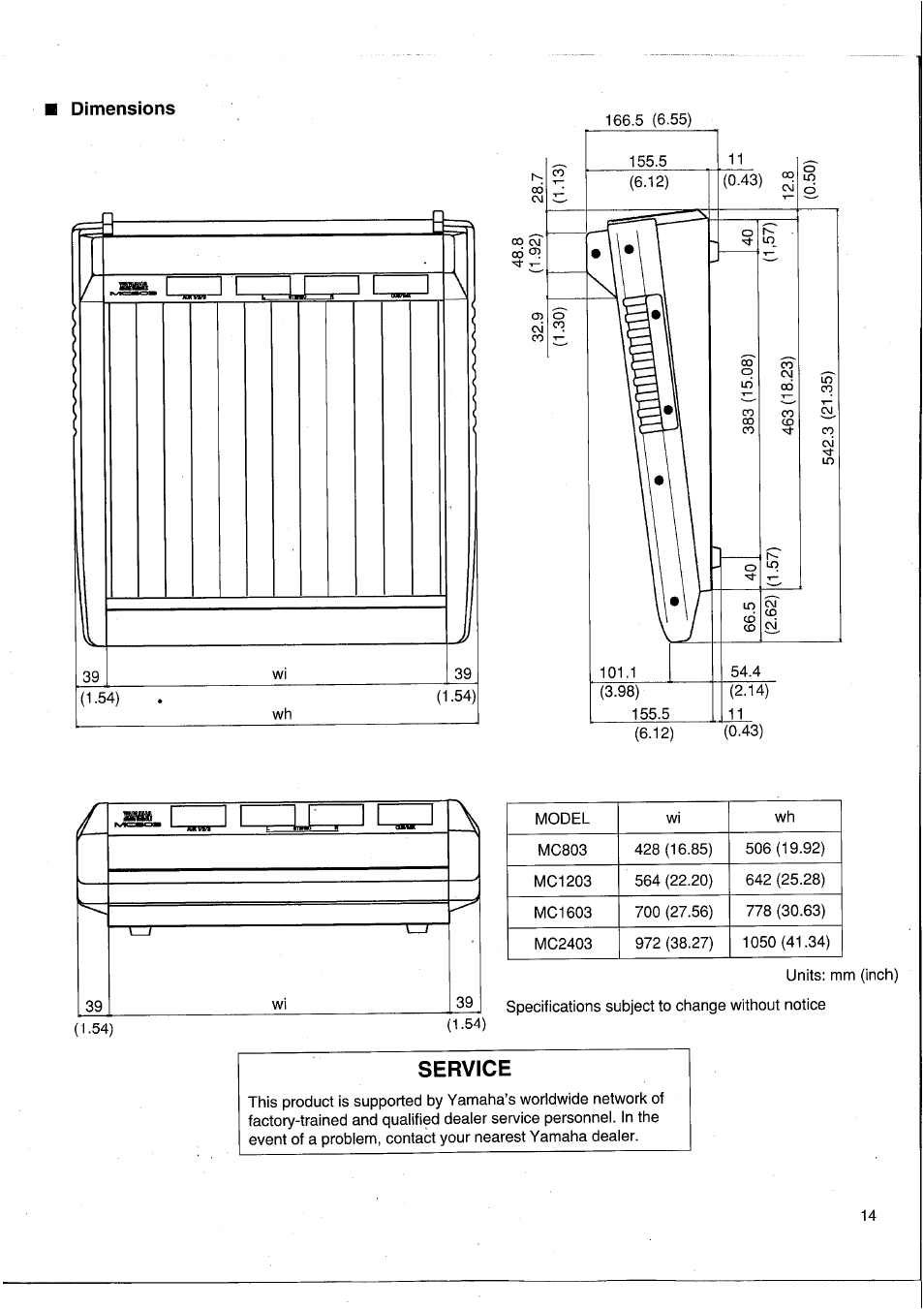 Dimensions, Service | Yamaha MC1203 User Manual | Page 15 / 61