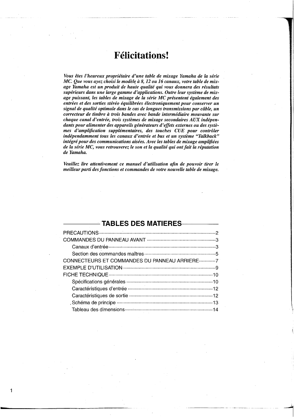 Félicitations, Tables des matieres | Yamaha MC1203 User Manual | Page 17 / 61