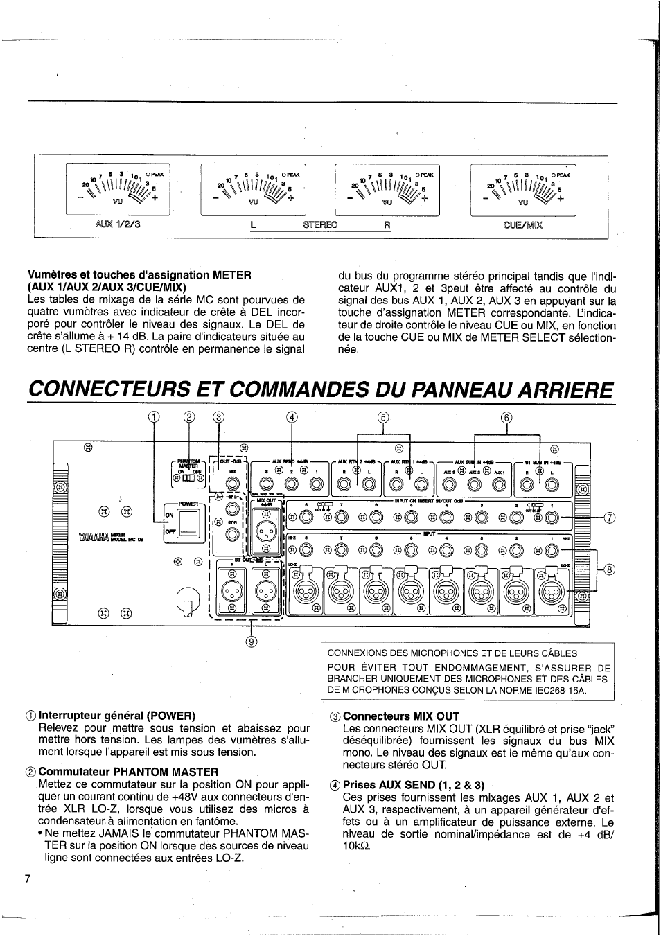 Interrupteur général (power), Connecteurs mix out, Connecteurs et commandes du panneau arriere | Yamaha MC1203 User Manual | Page 23 / 61