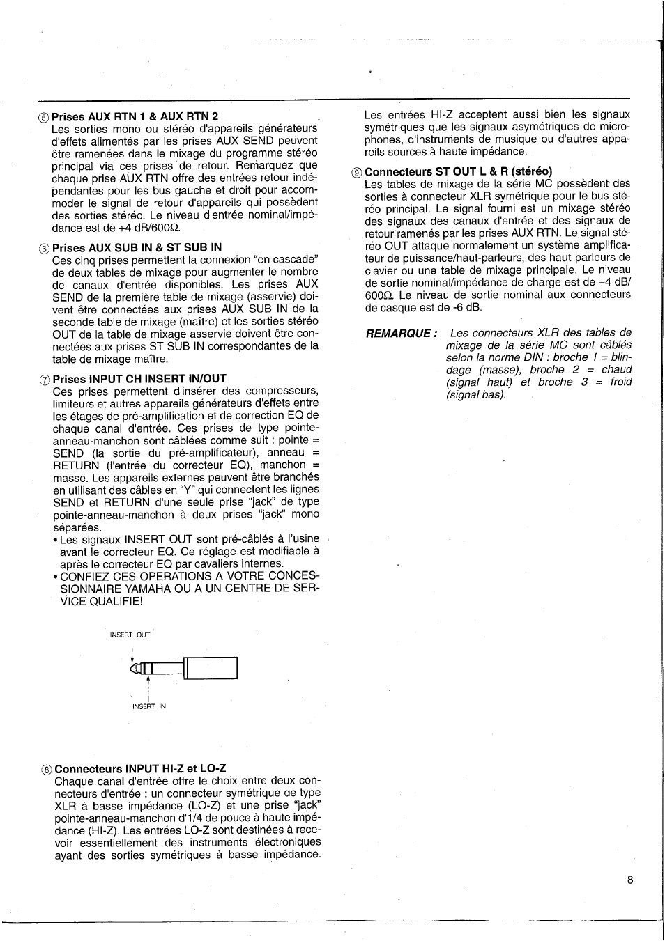 D prises aux rtn 1 & aux rtn 2, Connecteurs input hl-z et lo-z | Yamaha MC1203 User Manual | Page 24 / 61