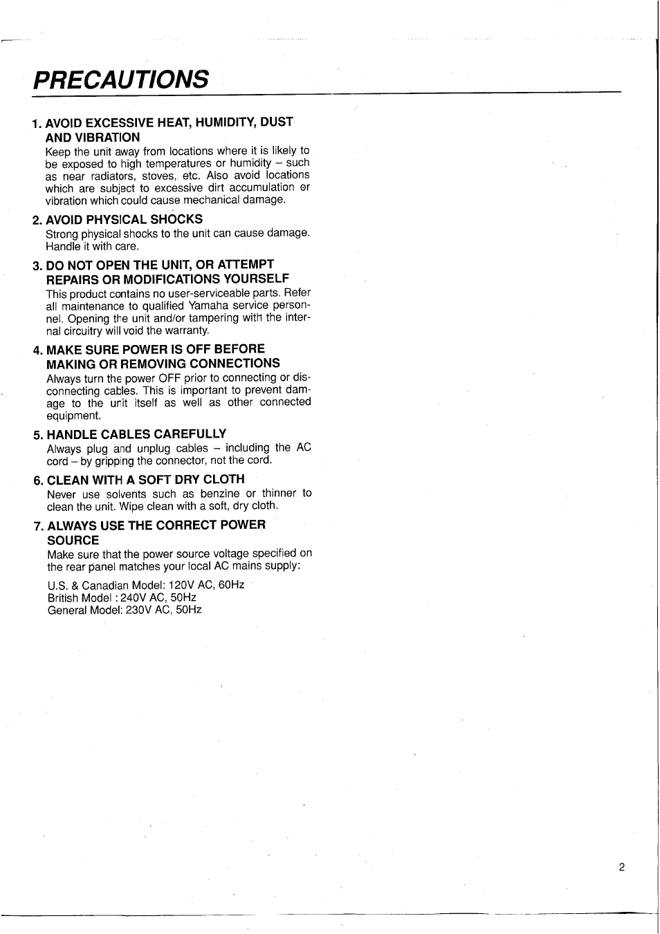 Precautions, Avoid excessive heat, humidity, dust and vibration, Avoid physical shocks | Handle cables carefully, Clean with a soft dry cloth, Always use the correct power source | Yamaha MC1203 User Manual | Page 3 / 61