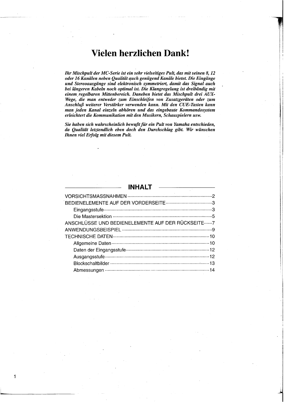 Vielen herzlichen dank, Inhalt | Yamaha MC1203 User Manual | Page 32 / 61