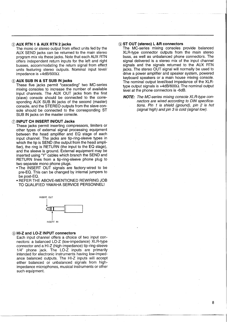 D aux rtn 1 & aux rtn 2 jacks, Input ch insert in/out jacks, St out (stereo) l &r connectors | Hl-z and lo-z input connectors | Yamaha MC1203 User Manual | Page 9 / 61