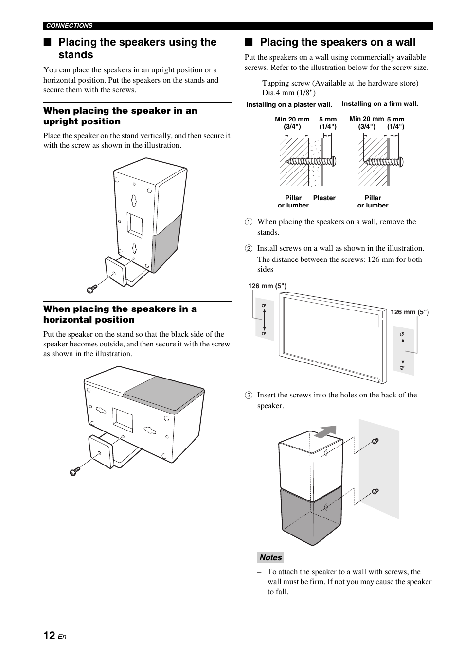 Placing the speakers using the stands, Placing the speakers on a wall | Yamaha DVX-700 User Manual | Page 16 / 86