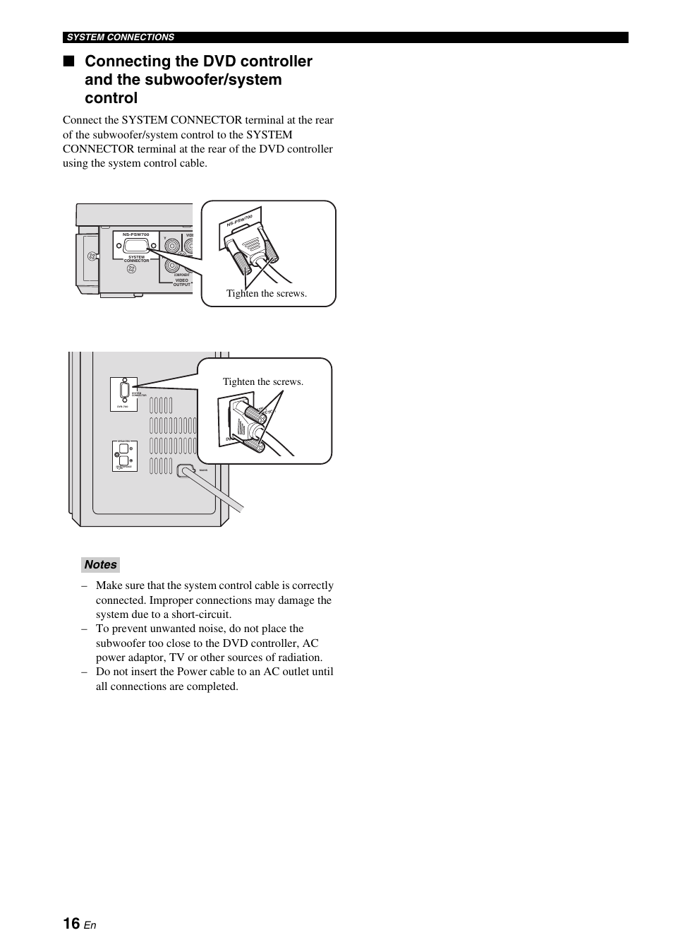 Control, Tighten the screws | Yamaha DVX-700 User Manual | Page 20 / 86