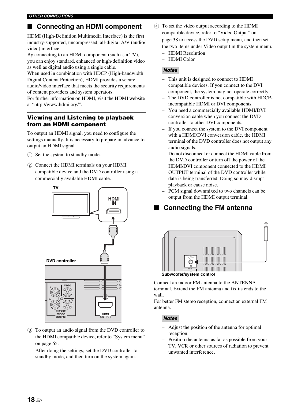 Connecting an hdmi component, Connecting the fm antenna | Yamaha DVX-700 User Manual | Page 22 / 86