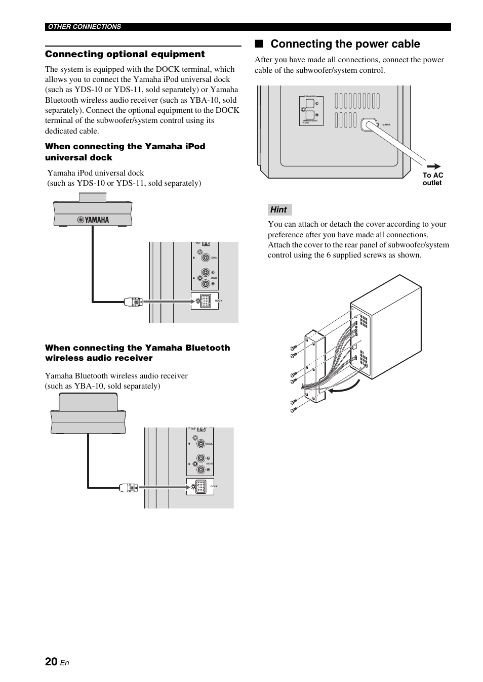 Connecting the power cable, Connecting optional equipment | Yamaha DVX-700 User Manual | Page 24 / 86