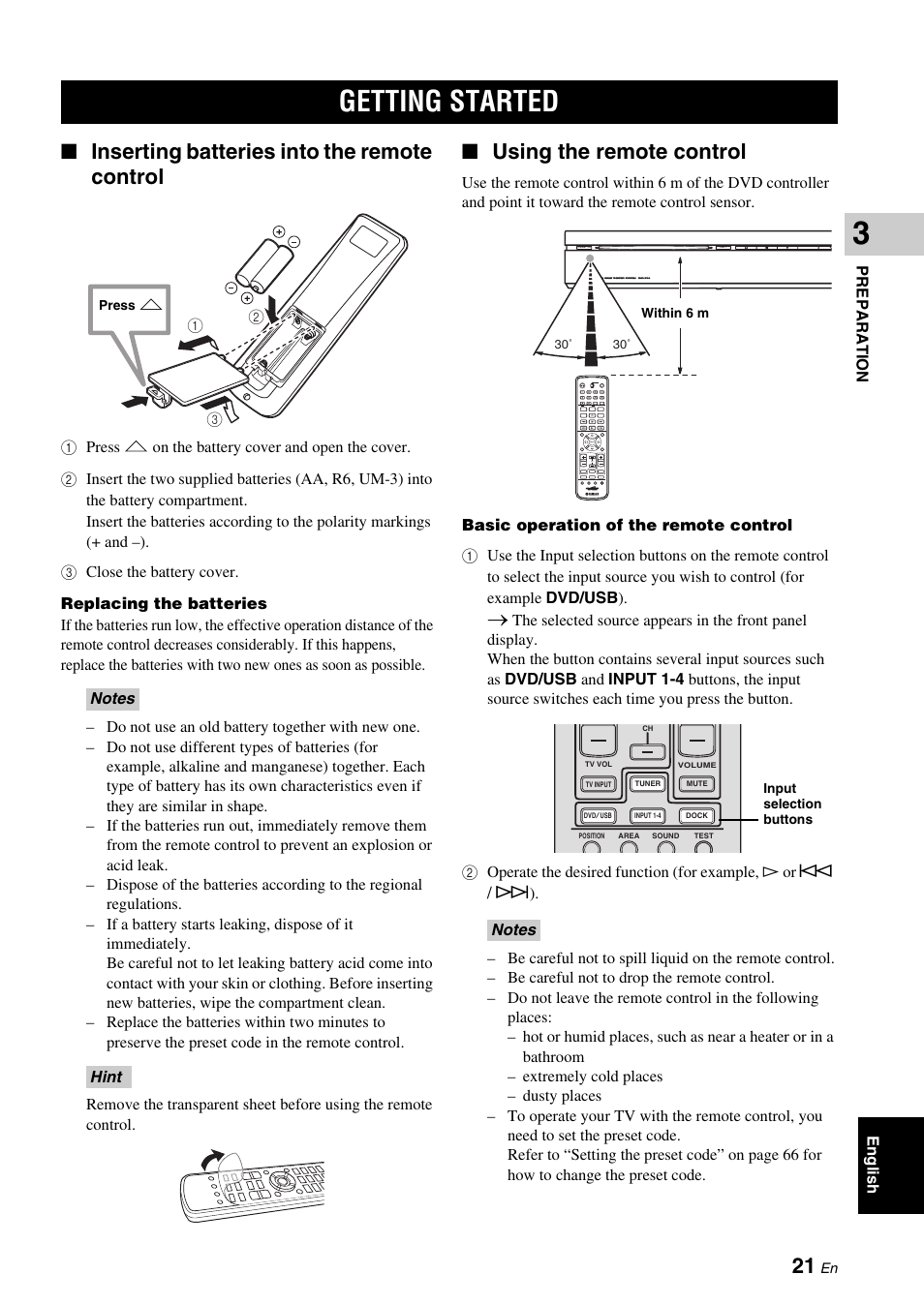 Preparation, Getting started, Inserting batteries into the remote control | Using the remote control | Yamaha DVX-700 User Manual | Page 25 / 86