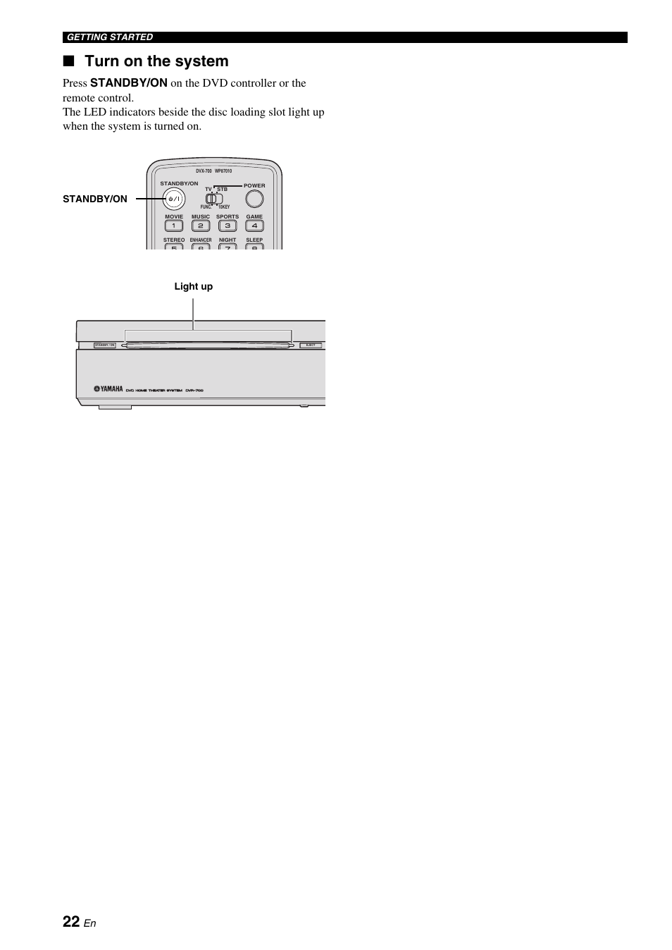 Turn on the system, Standby/on, Light up | Yamaha DVX-700 User Manual | Page 26 / 86
