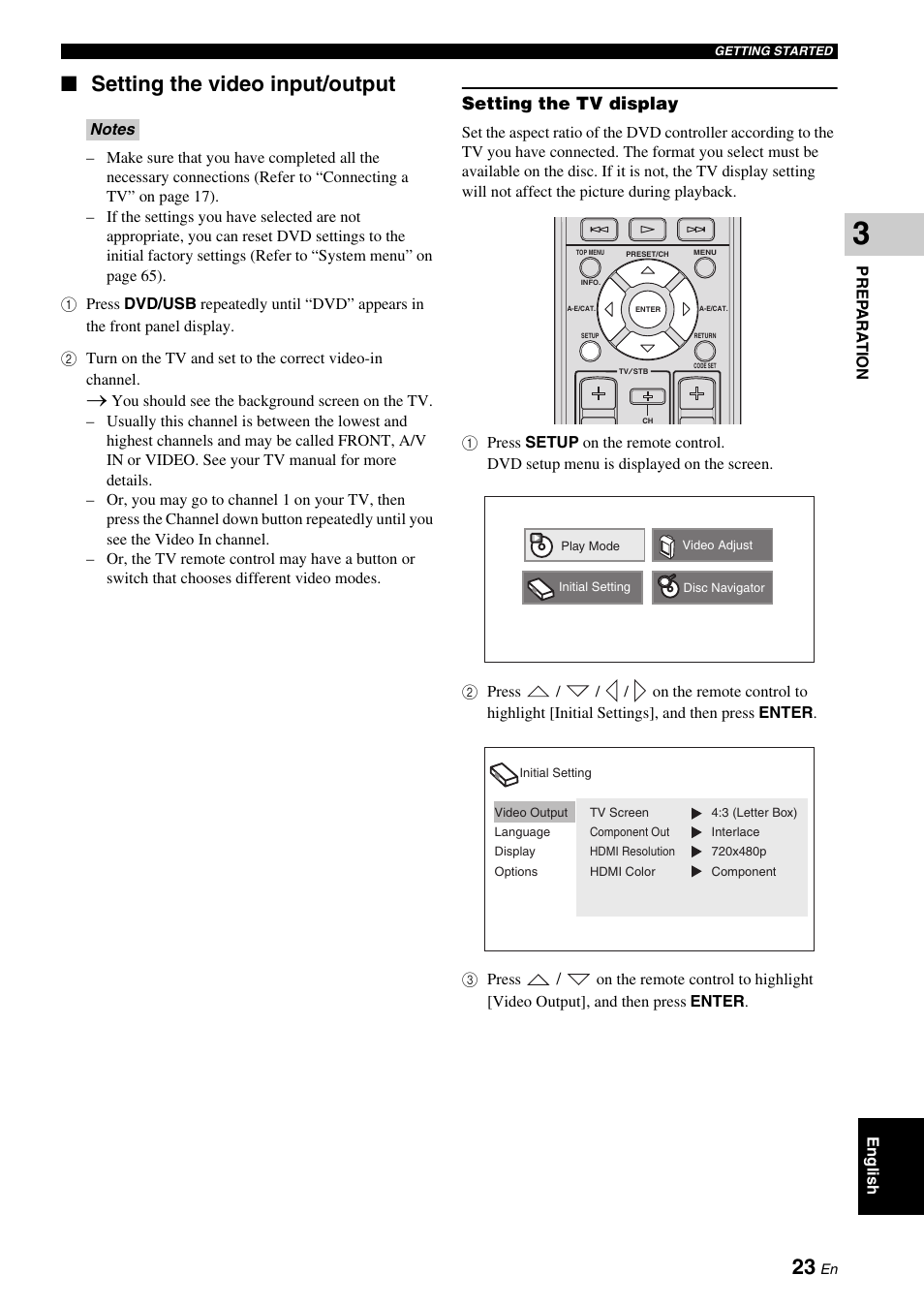 Setting the video input/output, Setting the tv display | Yamaha DVX-700 User Manual | Page 27 / 86